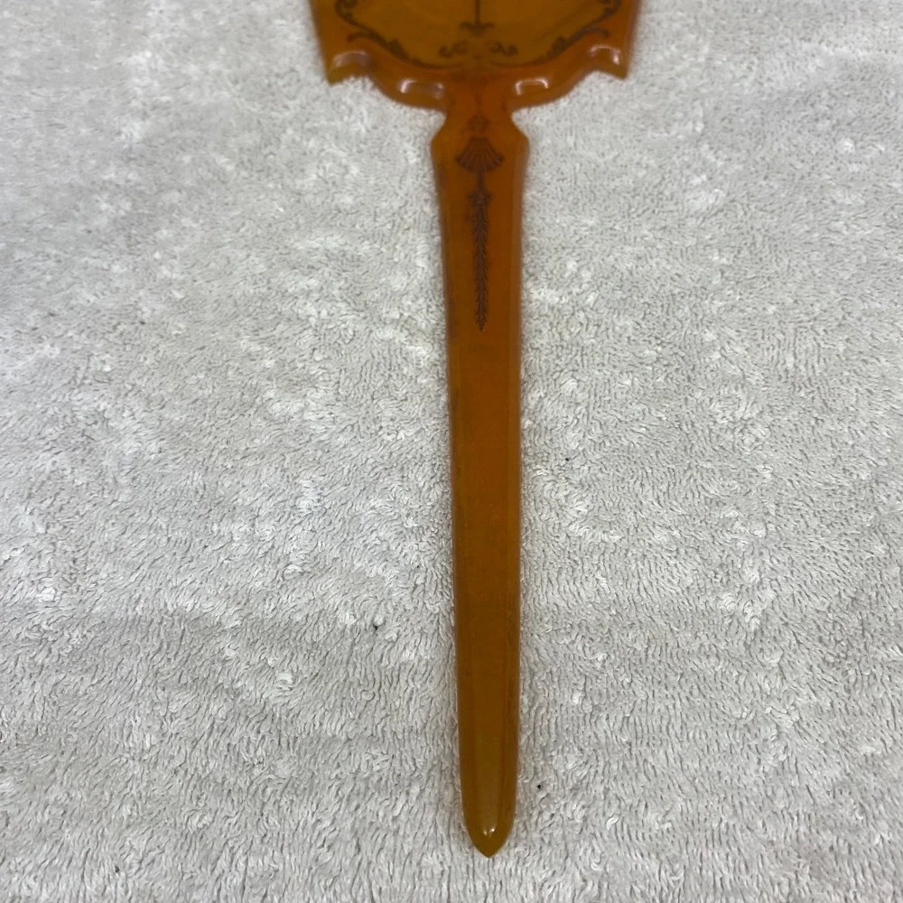 Vintage Amber Celluloid Hand Mirror Art Deco Faux Tortoise Floral Gold Detail